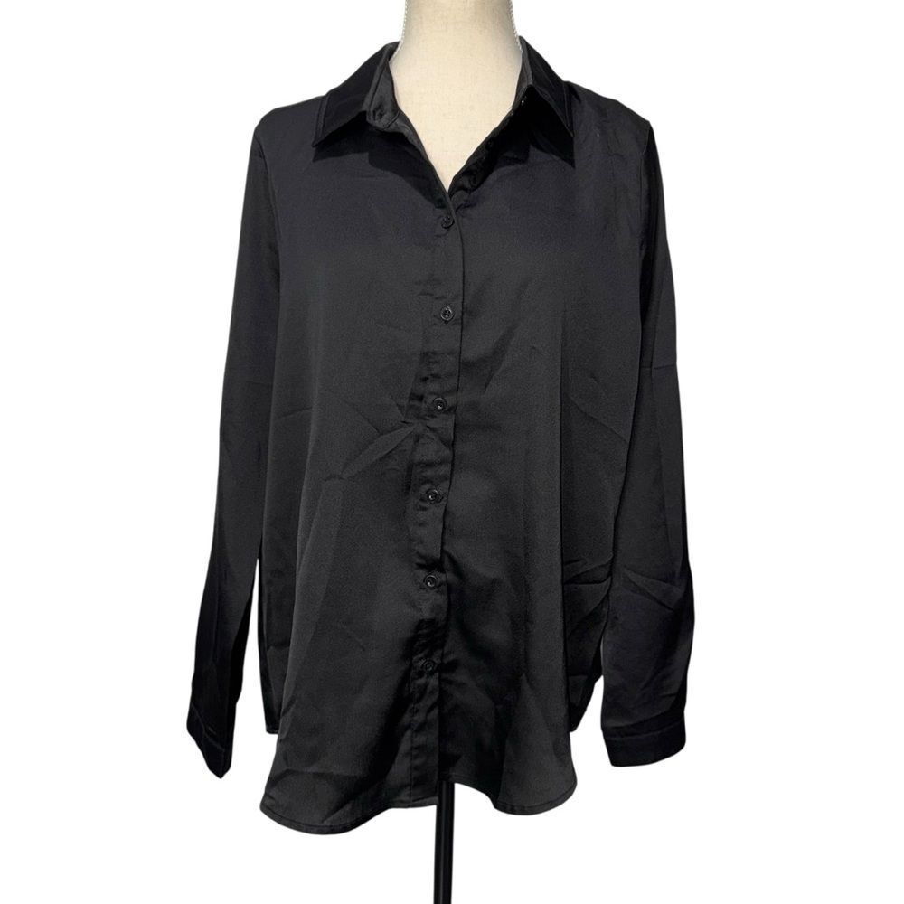 Boohoo Smooth Solid Black Silk Satin Button-Down Shirt Long Sleeve lightweight M - Picture 13 of 13